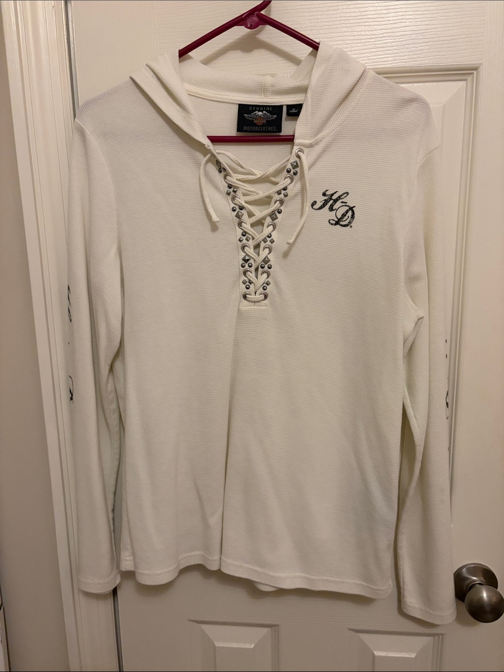 Harley-Davidson White Lace-Up Long Sleeve Hoodie Top